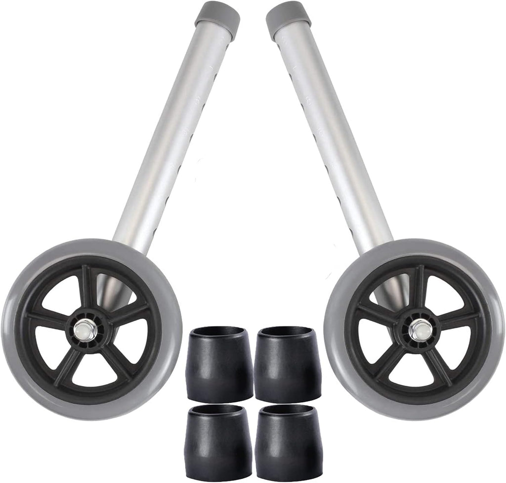 Walker Wheels and Ski Glides,Replacement Feet,Accessories Parts Set for Folding Medical Walkers,Back Stability Safety Wheel, Universal Front, Includes Two 5 Inch Rubber Wheel, 4 Glide Tips