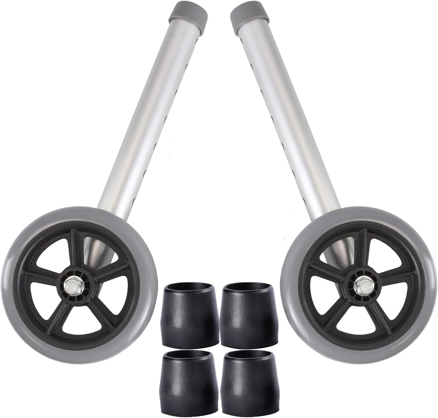 Walker Wheels and Ski Glides,Replacement Feet,Accessories Parts Set for Folding Medical Walkers,Back Stability Safety Wheel, Universal Front, Includes Two 5 Inch Rubber Wheel, 4 Glide Tips