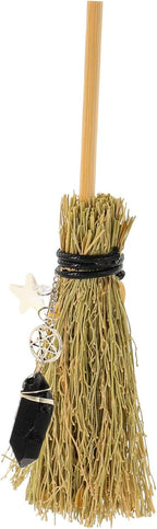 NUOBESTY Mini Witch Broom with Pendant 16x8cm Halloween Brooms Pendants Wooden Witch Broomstick DIY Broom Ornament for Party Tabletop Hanging Pendant Accessories Khaki