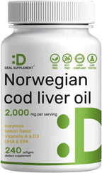 Wild Caught Cod Liver Oil 2,000mg Per Serving, 240 Softgels – Extra Strength EPA DHA Omega 3 with Vitamin D & A – Burpless, Lemon Flavored – Vision, Heart, Brain, & Immune Support