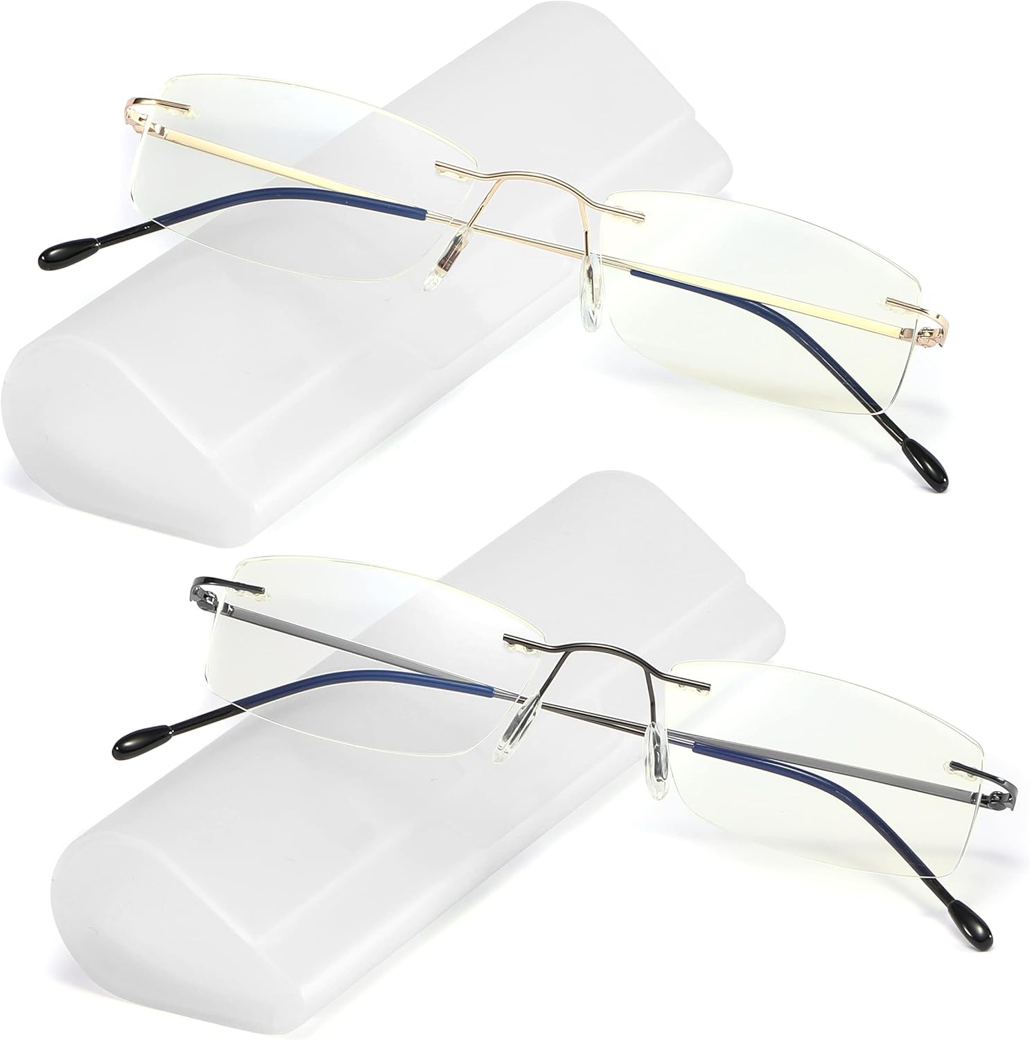 2 Pack Titanium Rimless Reading Glasses Anti Blue Light Glare Filter, Ultralight Spring Hinge Readers for Men Wowen