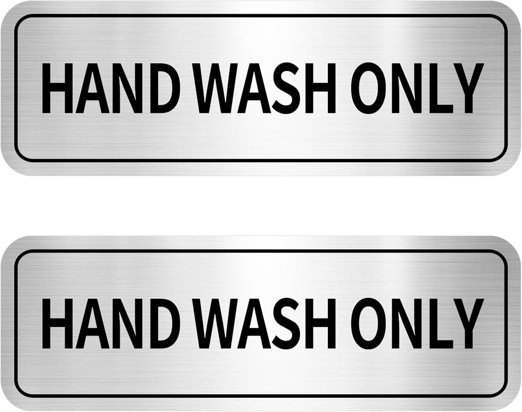 2 Pcs Hand Wash Only Sign 6 x 2 inch Self-Adhesive Kitchen Sink Sign Brushed Aluminum Metal Signs for Restaurants, Businesses, Bathroom, Restroom, Silver, Easy Installation, Waterproof