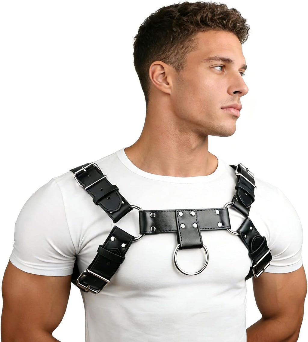 Mens PU Leather Chest Harness Costume Cosplay Top, Adjustable Body Harness Shoulder Straps Male Punk Fashion Steatement Rave Outfit for Music Festival Party Halloween Cosplay D88 (Black)