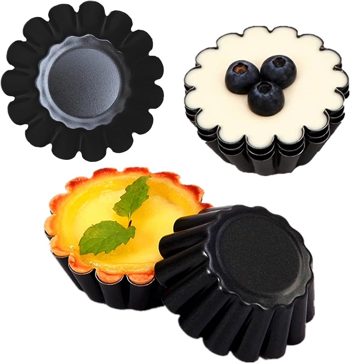 12-Pack 2.5 Inch Nonstick Mini Tart Pans Fluted Side for Pies Pan Round Deep Quiche Mold Heavy Duty Carbon Steel Baking Cupcake Egg Tarts Mousse Cakes Fruit and Desserts Molds for Oven