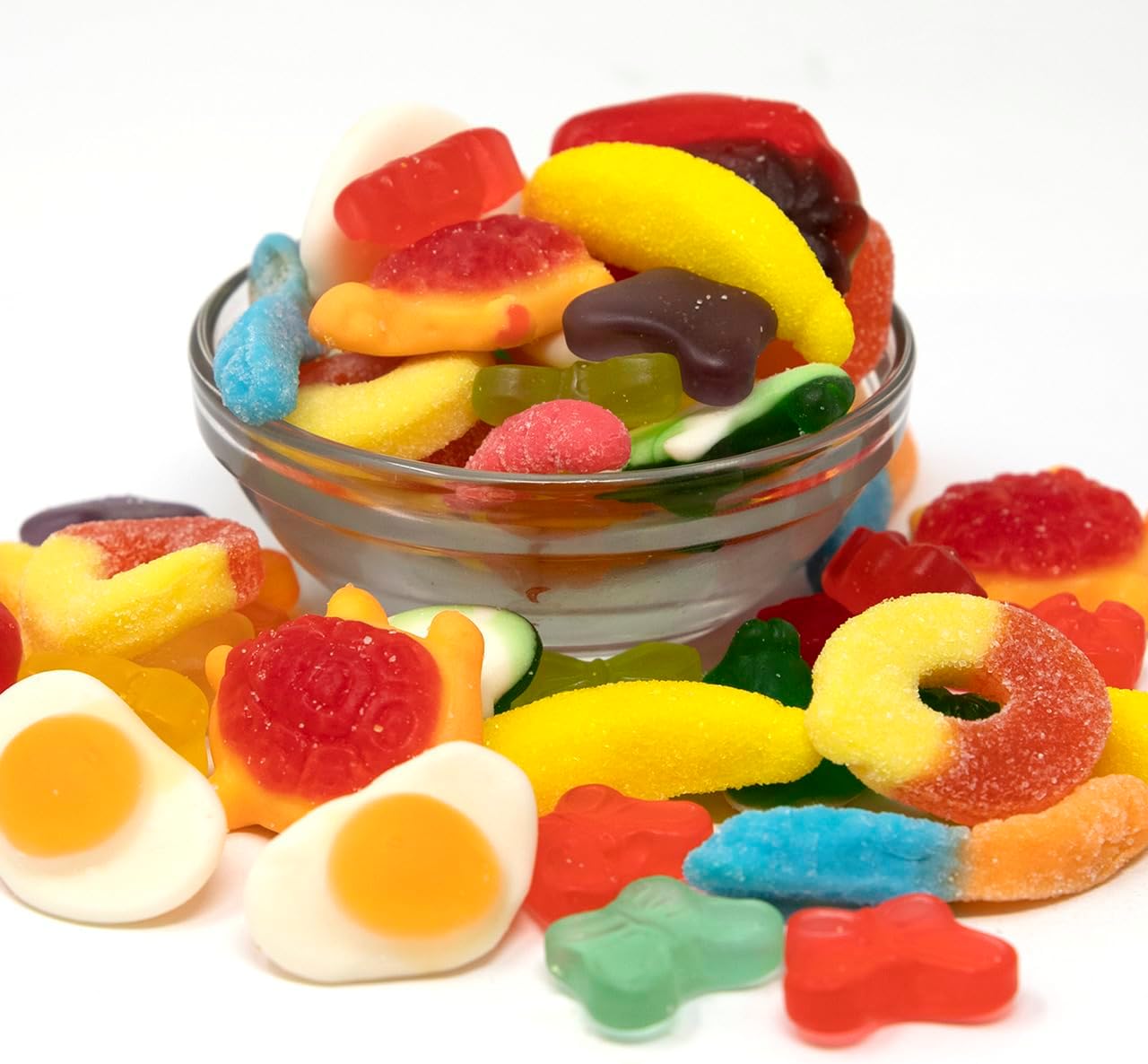 Gummi Mania Party Mix - 5lbs (9 Types) Bulk Gummy Candy Red and Blue Raspberries, Worms, Frogs, Butterflies, Strawberries, Turtles, Bananas and Eggs