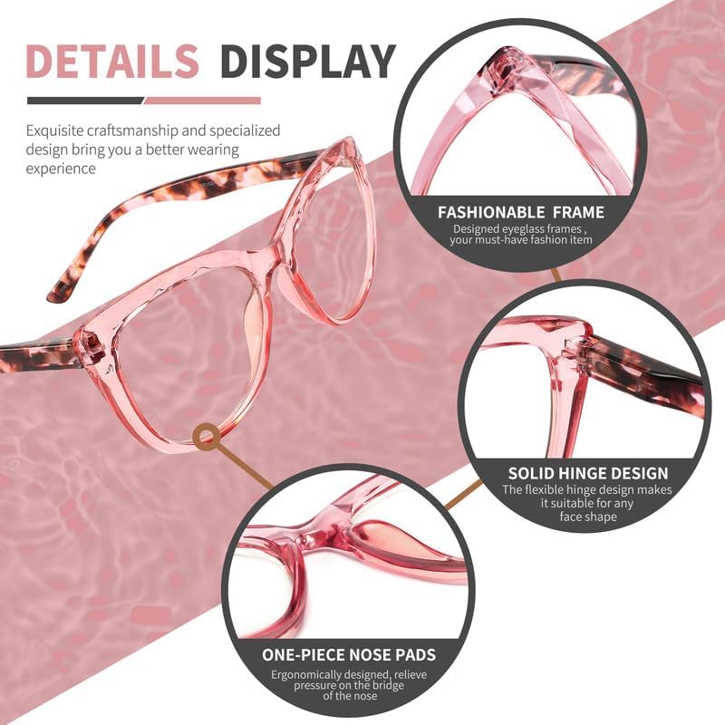 4 Pack Oversized Blue Light Blocking Reading Glasses, Stylish Designer Ladies Computer Readers with Spring Hinge, Anti Glare Eyestrain Eyeglasses for Women +1.5