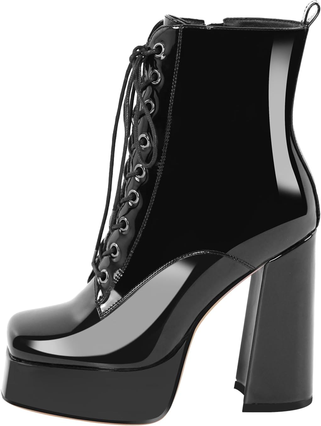 richealnini Sparkly Metallic Ankle Boots for Women Platform Heel Front Lace Up Block Heels Side Zip Up Short Booties
