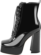 richealnini Sparkly Metallic Ankle Boots for Women Platform Heel Front Lace Up Block Heels Side Zip Up Short Booties