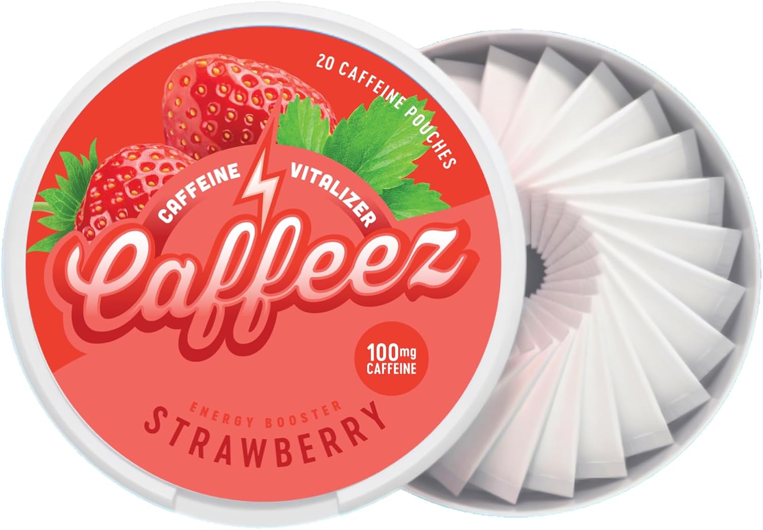 CAFFEEZ VITALIZER CAFFEINE™ - Energy Pouches | Caffeine Pouches | 50mg Natural Caffeine | 250mg Guarana | 0 Calories | 0 Sugar | 20 Pouches Per Can | 1 Tin or 1 Sleeve (1 Tin, Strawberry)