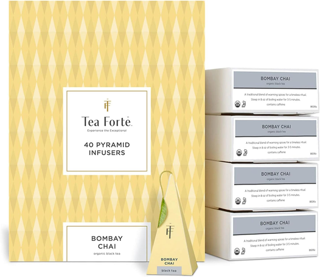 Tea Forte Bombay Chai Premium Caffeinated Black Tea Blend Event Box, Bulk Pack 40 Count, 10 per tray Individually Wrapped Handcrafted Pyramid Infusers