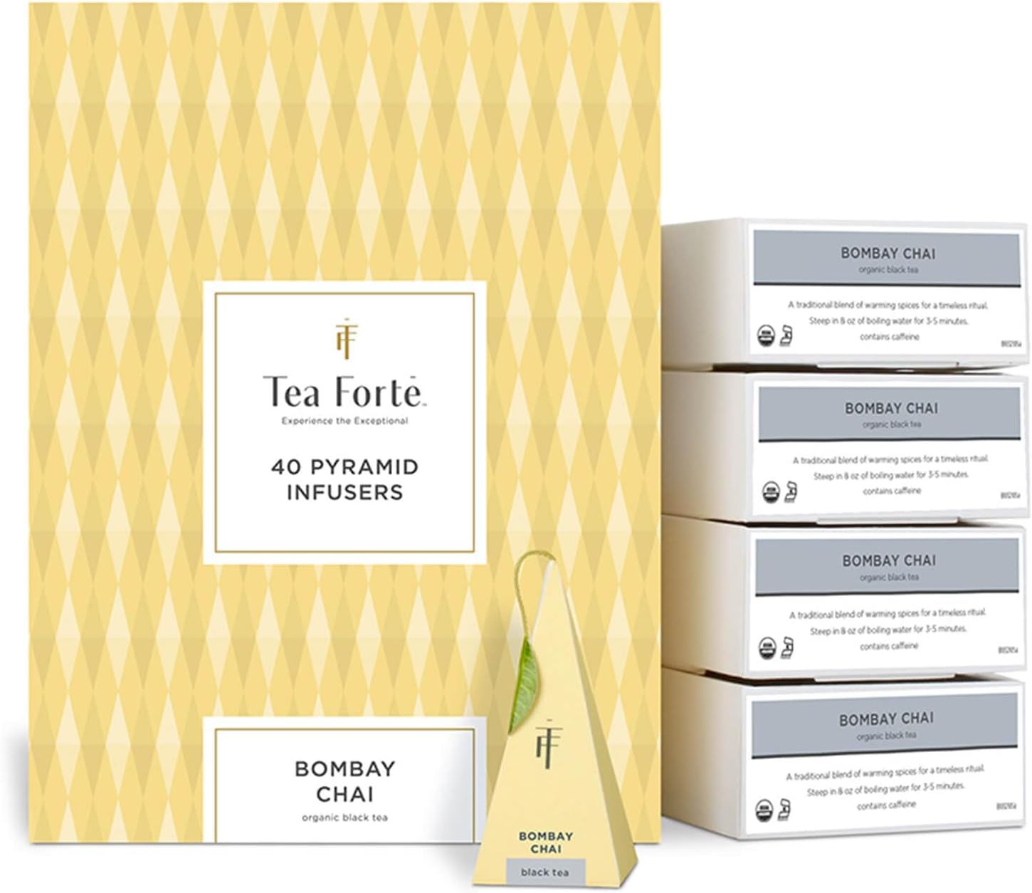 Tea Forte Bombay Chai Premium Caffeinated Black Tea Blend Event Box, Bulk Pack 40 Count, 10 per tray Individually Wrapped Handcrafted Pyramid Infusers