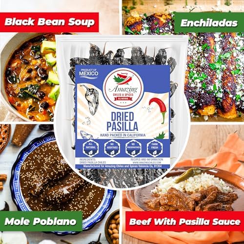 Pasilla Chiles Dried 4 oz - Staple in Mexican Cooking: Moles, Sauces, Stews, Salsa. Mild Heat – Punget and Tangy Flavor. By Amazing Chiles & Spices