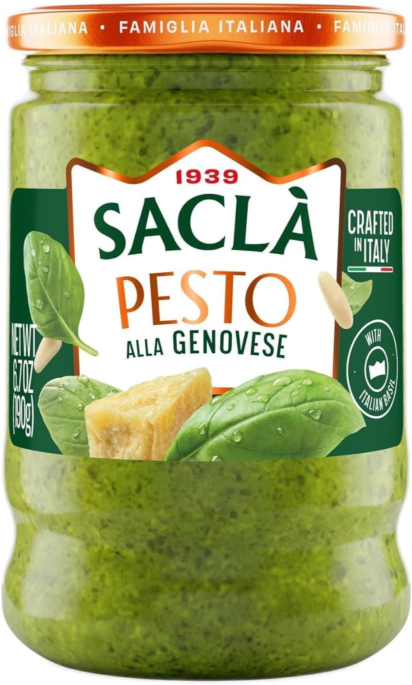 Sacla Basil Pesto alla Genovese 6.7oz Glass Jar | Imported from Italy | Italian Pesto Sauce made from Italian Basil, Parmigiano Reggiano and Olive Oil | No Preservatives