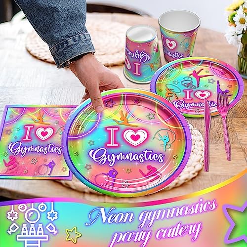 Gymnastics Party Decorations,142pcs Gymnastics Tableware Set I Love Gymnastics Plates Cups Neon Glow Gymnast Table Covers Happy Birthday Banner for Gym Theme Birthday Party Baby Shower