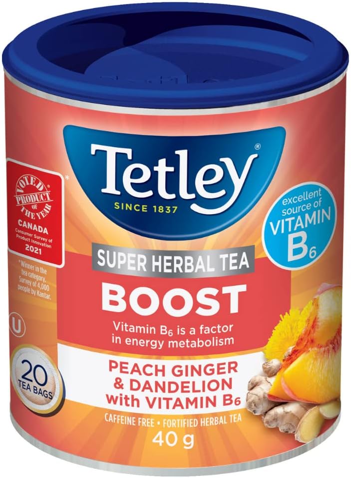Tetley Super Herbal Tea Boost: Peach Ginger & Dandelion with Vitamin B6 - 20ct Imported from Canada