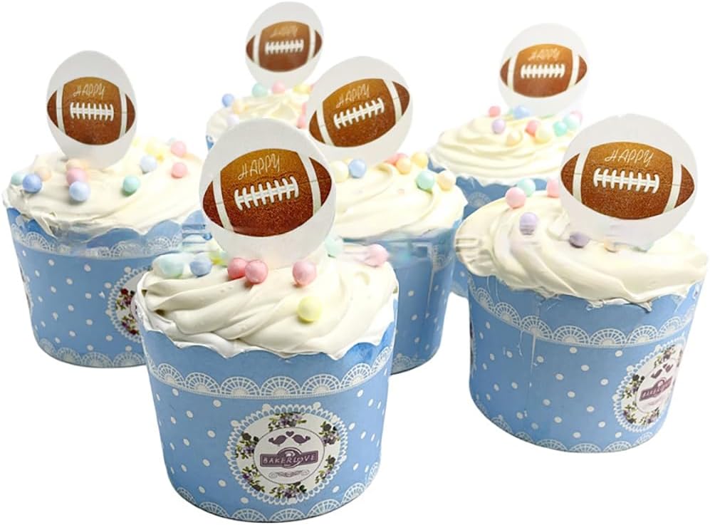 Rugby Wafer Cupcake Toppers, 48-Piece Set, Sports Themed Party Decorations