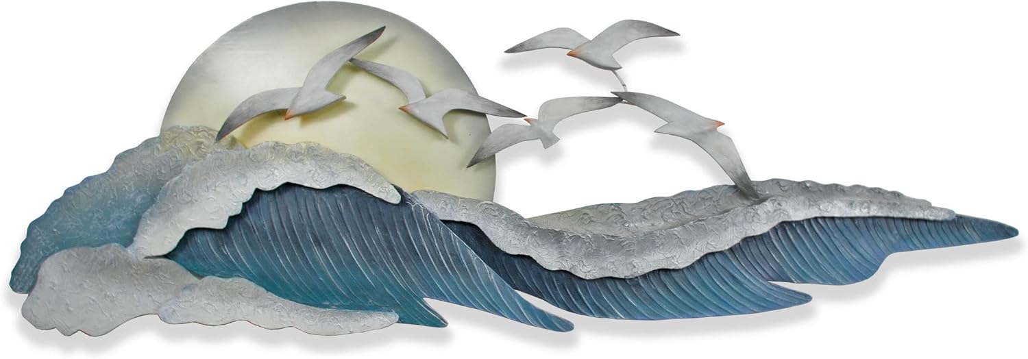 SEAGULLS ON WAVES METAL WALL ART, Blue