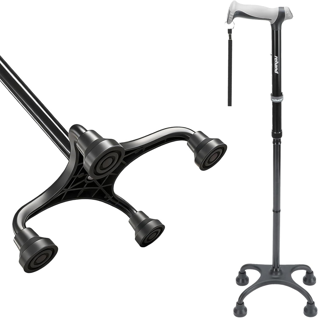 Rehand Quad Cane, Walking Cane with Ergonomic Handle Ever and Graceful 4-Pronged Base for Extra Stability, Adjustable Walking Sticks for Right or Left Handed Men & Women and Seniors