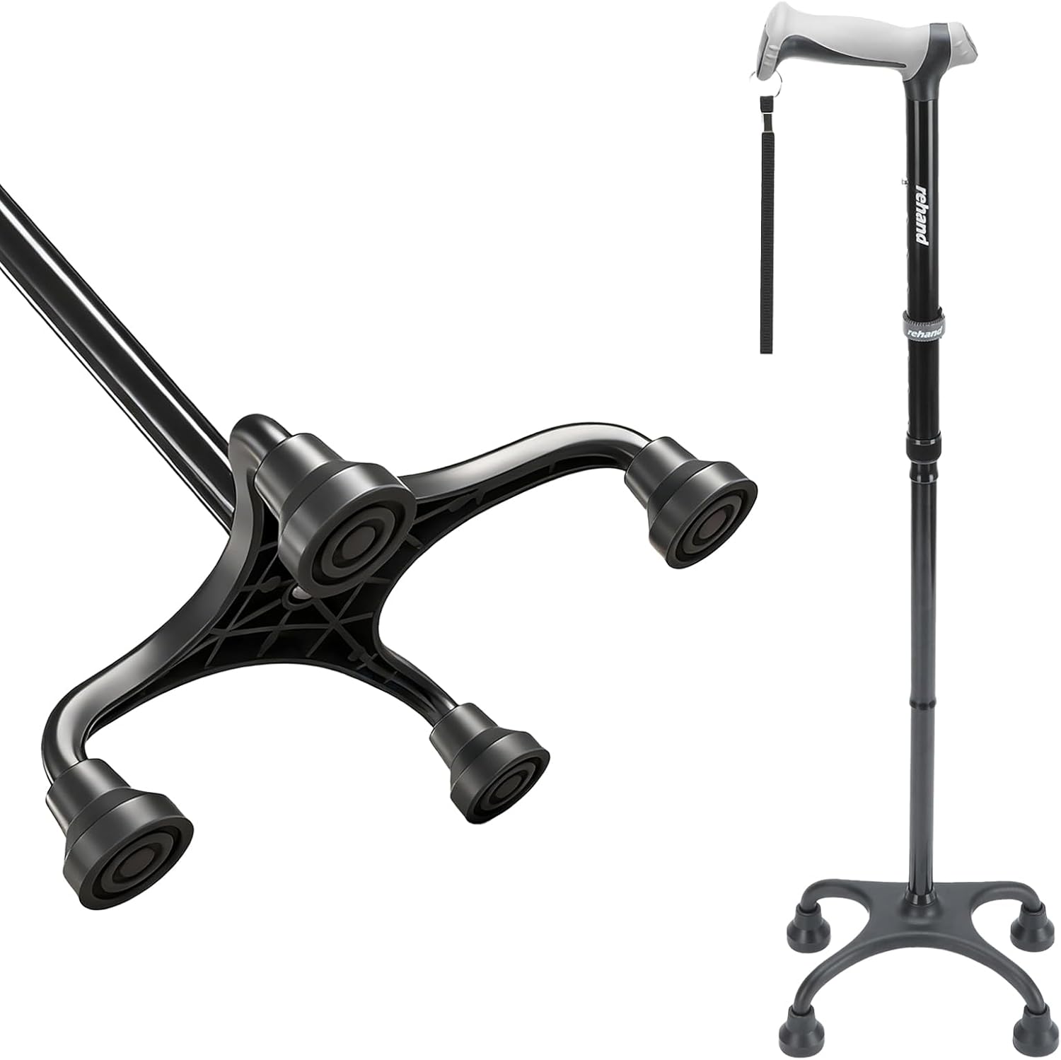 Rehand Quad Cane, Walking Cane with Ergonomic Handle Ever and Graceful 4-Pronged Base for Extra Stability, Adjustable Walking Sticks for Right or Left Handed Men & Women and Seniors