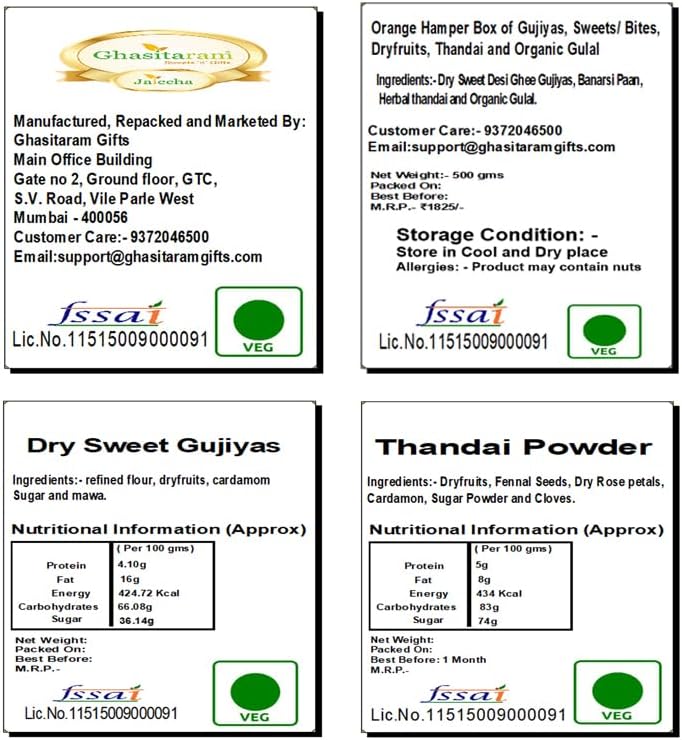 Ghasitaram Gifts Jaiccha Holi- Sweets/Holi Hampers/Thandai Orange Hamper Box of Gujiyas, Sweets/ Bites, Dryfruits, Thandai and Organic Gulal