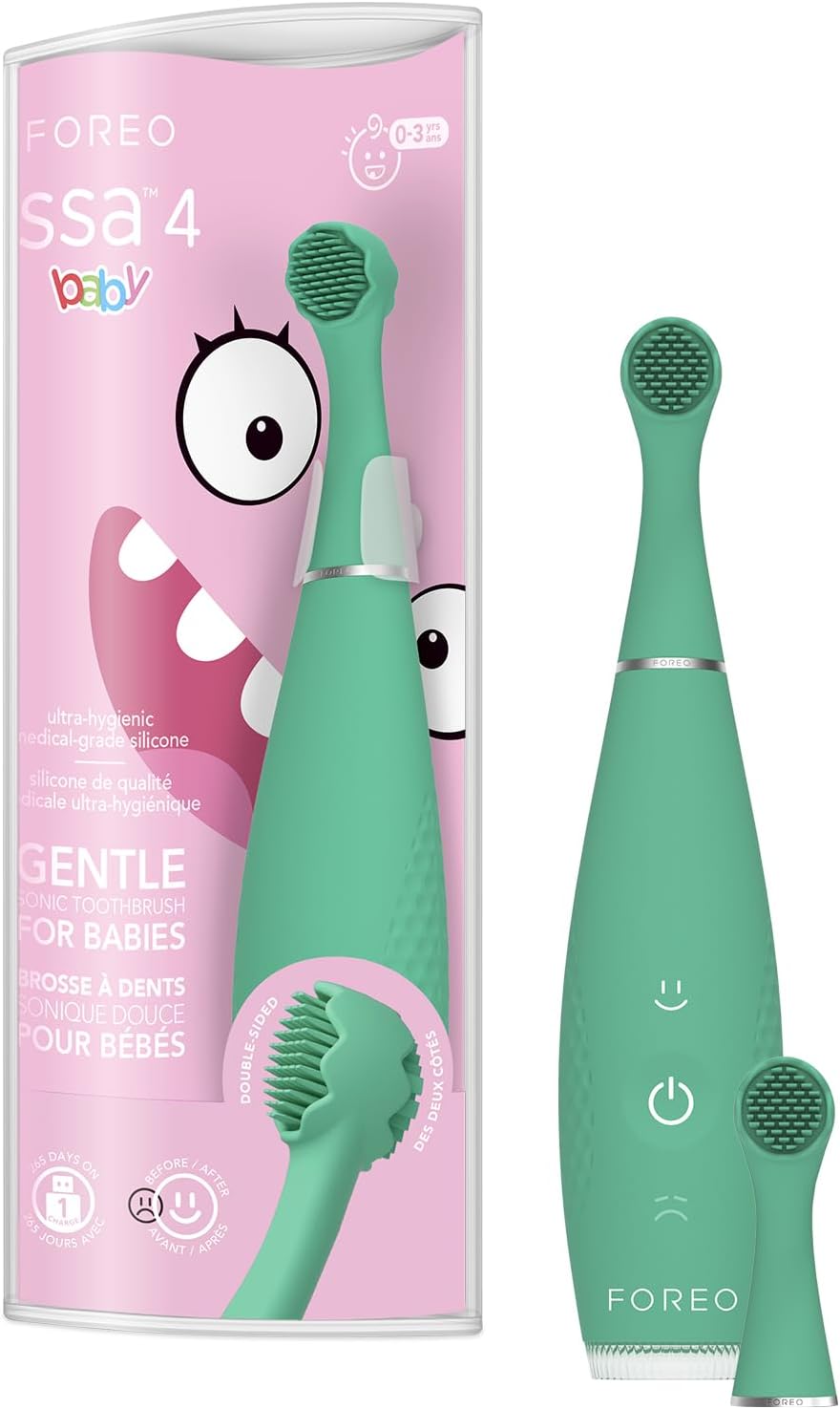 FOREO ISSA 4 Baby – Silicone Sonic Electric Toothbrush Bundle for Babies, 2-Sided Bristles, Fun Smile Feature, Gum Massage, 12 Months of Care with Extra Brush Head, Travel-Friendly - Kiwi Green