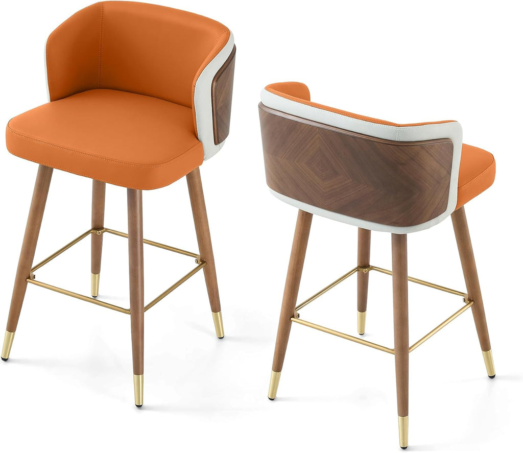 ARTPLAN Bar Stools Set of 2 for Counter Height 34 Inch - Modern Retro Style with Leather Seat & Walnut Wood Frame, Bar Chairs for Kitchen Island, Home Bar, Dining Counter,Dark Orange
