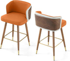 ARTPLAN Bar Stools Set of 2 for Counter Height 34 Inch - Modern Retro Style with Leather Seat & Walnut Wood Frame, Bar Chairs for Kitchen Island, Home Bar, Dining Counter,Dark Orange