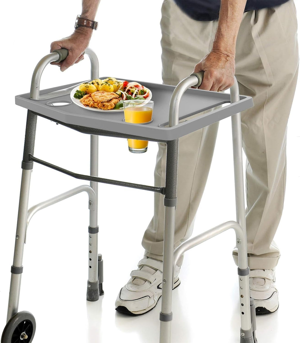 Walker Tray Table with 2 Cup Holders - Universal Trays for Standard Folding Walkers - Home Mobility Accessories by Bluestone (Gray)