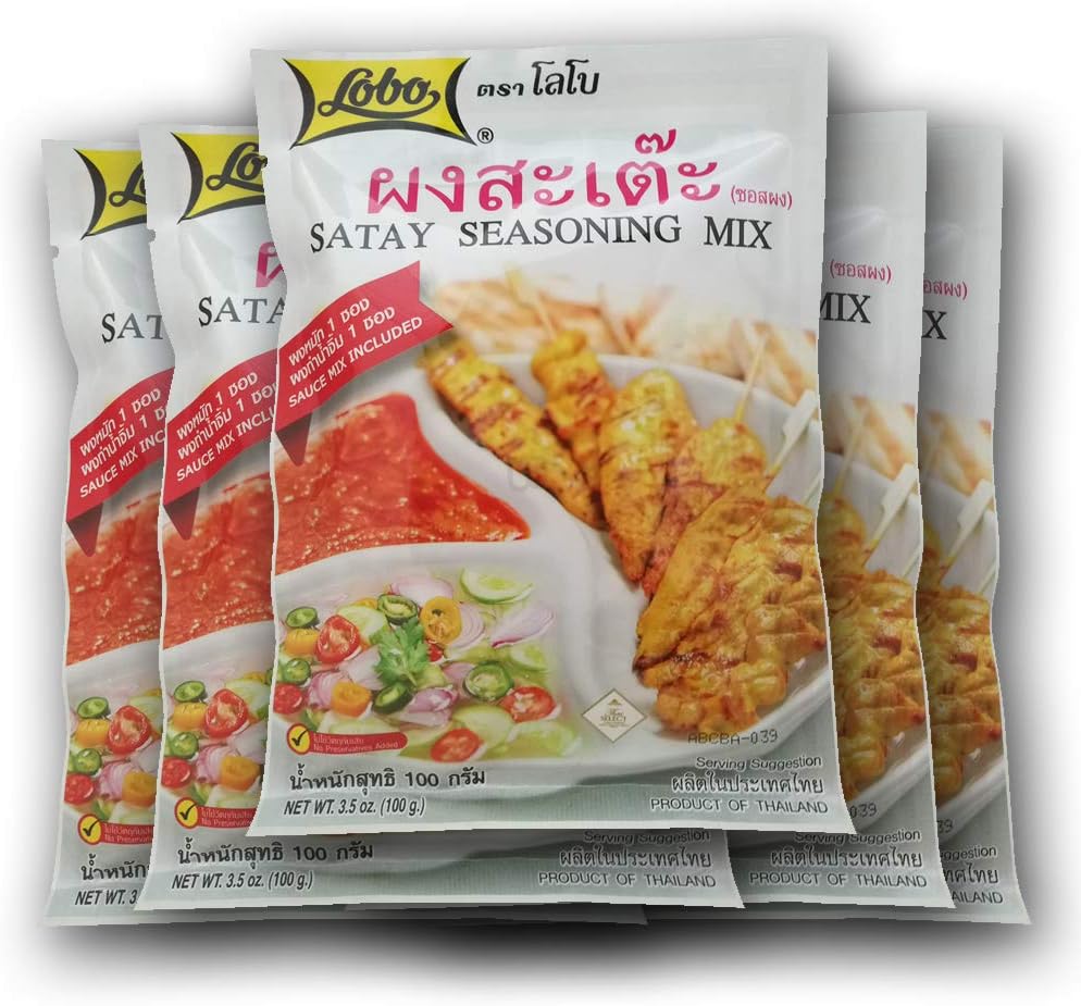 Lobo Thai Satay Seasoning Mix (Marinate Seasoning & Peanut Sauce Mix) No Added Preservatives, Pack of 5