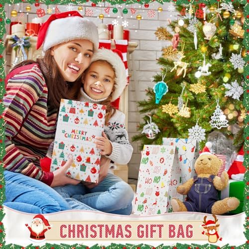 Kolldenn 120 Pcs Christmas Gift Bags Bulk 6 Styles Christmas Treat Bags 9.5 x 5.1 x 3.15 Inch Paper Goodie Pouches for Gifts Candy Snacks Lunch Holiday Party Supplies(Bright)