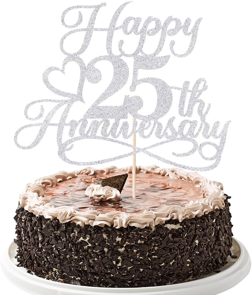 Glitter Happy 25th Anniversary Cake Toppers -Wedding Anniversary Party Decorations,25th Wedding Anniversary, Company Anniversary Party, Birthday Party Decorations (silver)