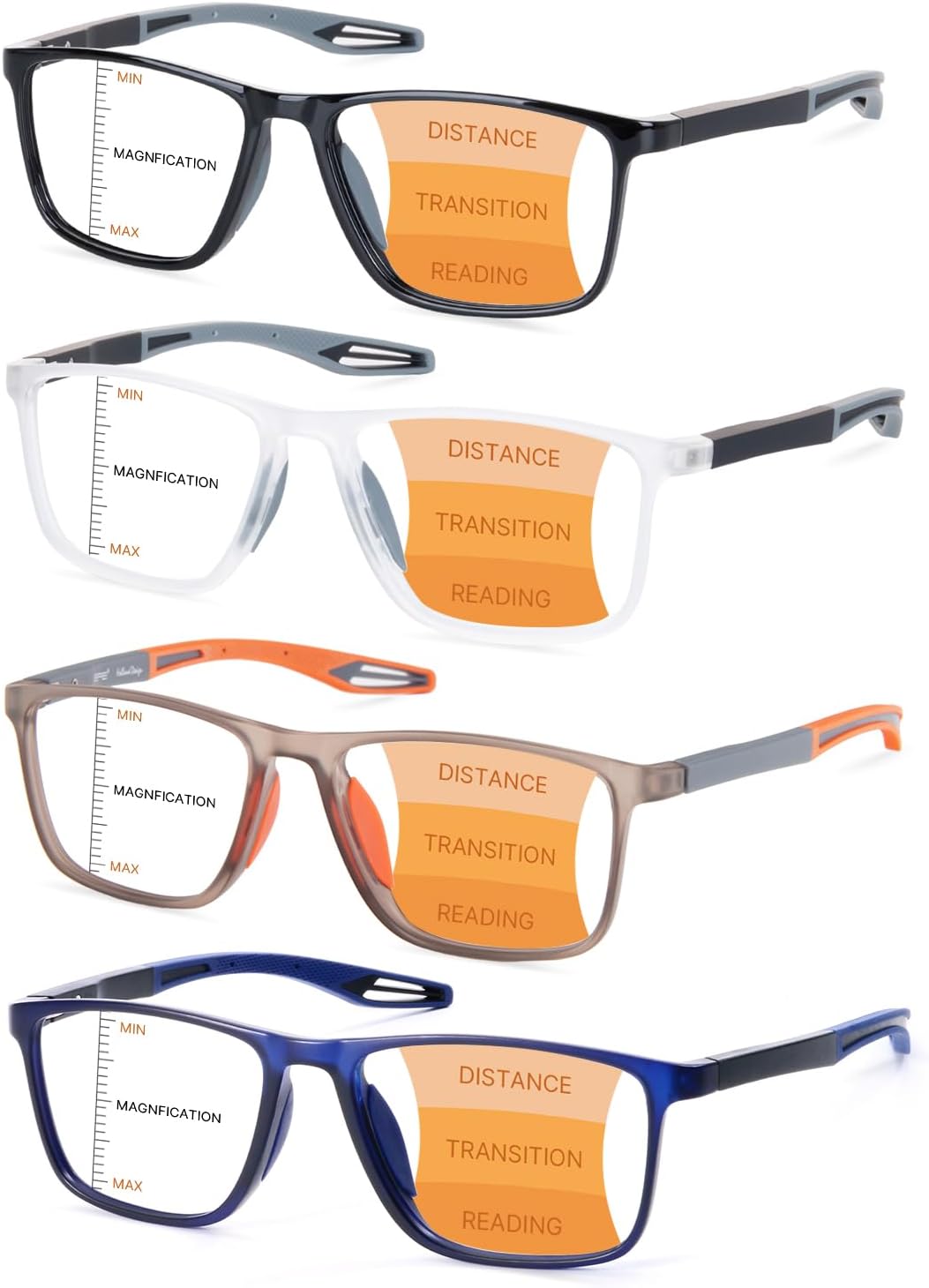 EFE Progressive Multifocus Blue Light Blocking Readers, TR90 Spring Hinge Reading Glasses for Men & Women, 4 Pack +1.5