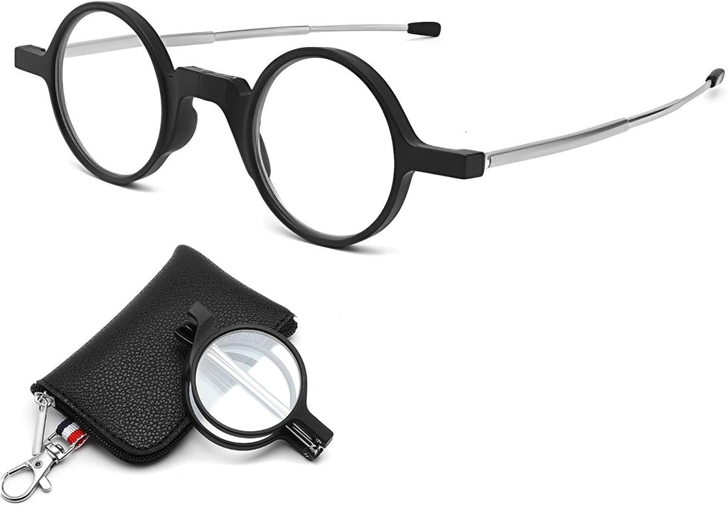 Folding Round Frame Reading Glasses, with Keychain, Portable Mini Reading Glasses, Compact Pocket Blue Light Blocking Reading Glasses for Men and Women(+1.5)