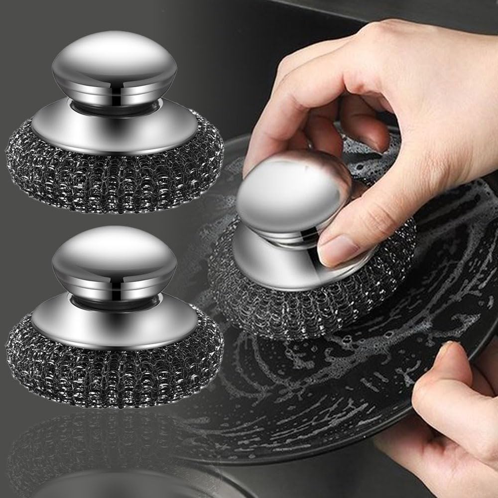 2Pcs Stainless Steel Kitchen Pot Brush with Short Handle Wire Ball Cleaning Tools Home Kitchen Dish Washing Accessories,8.5 * 6.5cm