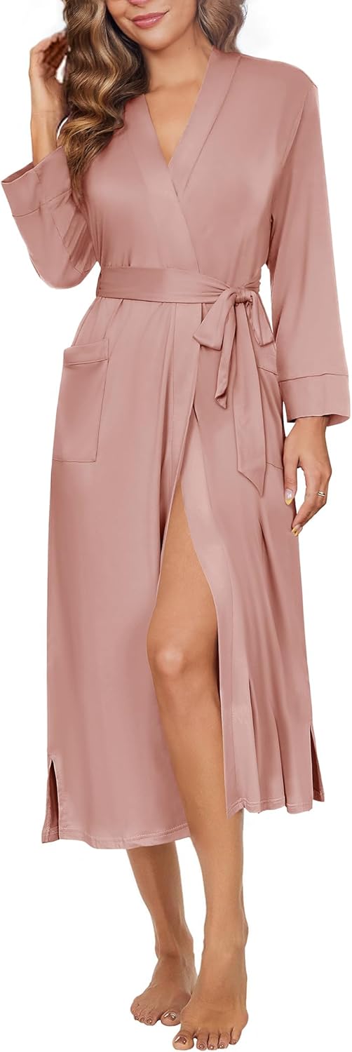 Ekouaer Womens Robe Long Knit Kimono Bathrobe Lightweight Sleepwear Soft Ladies Loungewear with Pockets, S-XXL