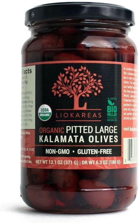 Organic Black Kalamata Olives - NON-GMO - Gluten Free - Large - Pitted - USDA Certified Organic (13.1 oz) - Product of Kalamata, Greece - Brine with Sea Salt, Water, Organic EVOO and Organic Vinegar