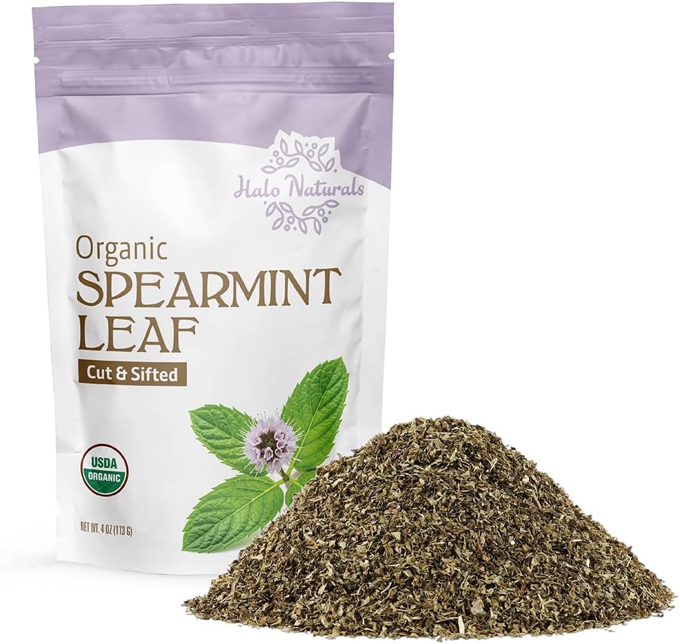 Halo Naturals Organic Spearmint Leaf Cut & Sifted, 4 Ounces (Mentha spicata) USDA Certified | Resealable Pouch| Packaged in The USA