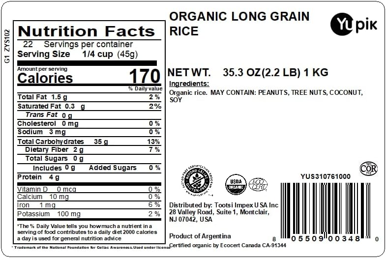 Yupik Organic Brown Rice, Long Grains, 2.2 lb (35.2 oz), Non-GMO, Vegan, Gluten-Free, Kosher, Salt-Free, Source of Fiber & Iron, Easy Preparation, Ideal for Recipes, Side Dishes, Salads & More
