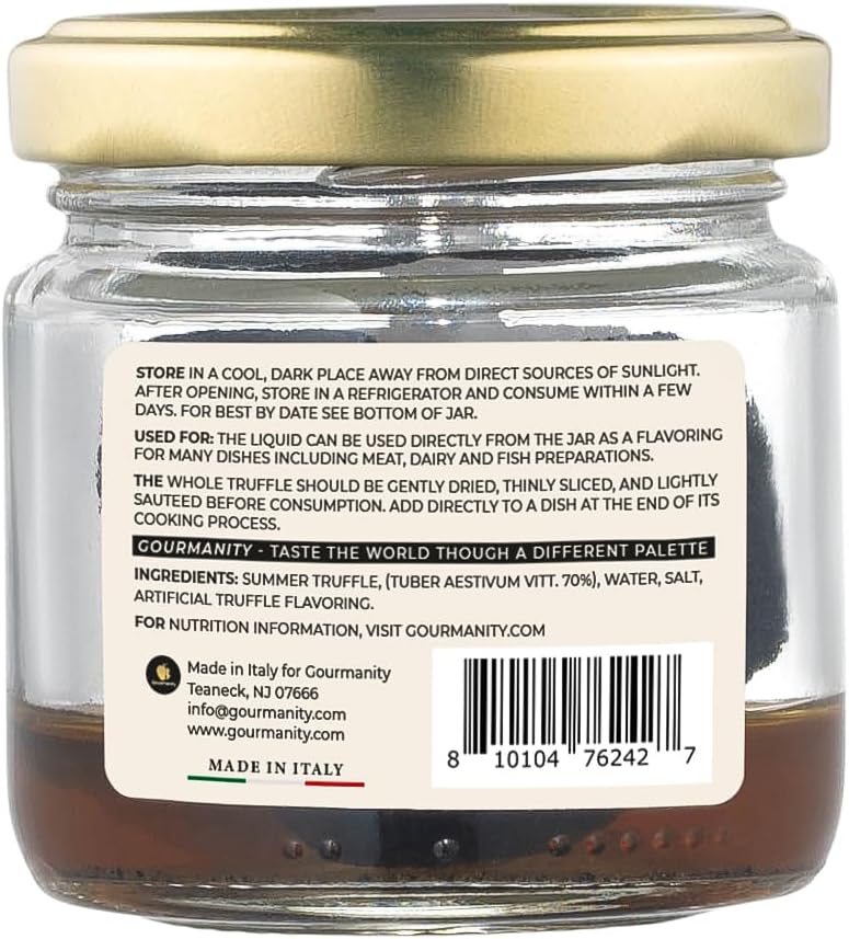 Gourmanity Tartufi Whole Black Truffles in Brine, Preserved Black Summer Truffles (Tuber aestivum Vitt.) from Italy [1.76oz Jar]