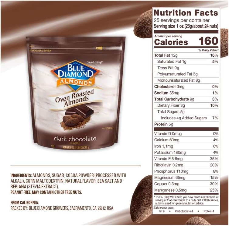Blue Diamond Almonds, Oven Roasted Dark Chocolate Flavored Snack Nuts, Plant-Based Protein and Fiber, Perfect for Events, Holidays, Parties, and Lunch, Guilt-Free Snacking with Real Cocoa, 25 Oz Resealable Bag (Pack of 1)