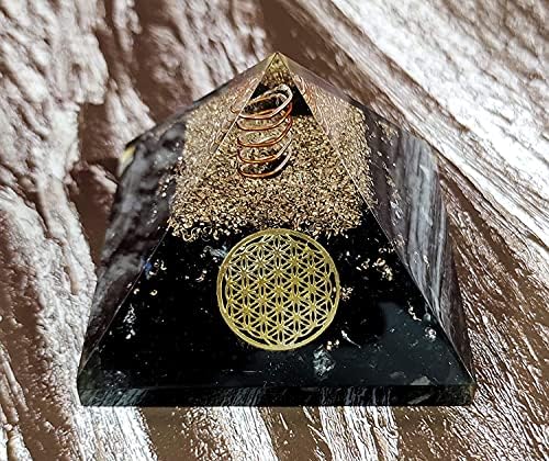 Black Tourmaline Orgone Crystal Pyramid with Flower of Life Symbol For Reiki Healing, Chakra Balancing, Aura Cleansing, Energy Generator, Yoga Meditation Size: 60-70 MM