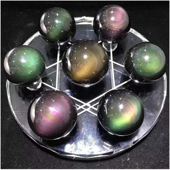 Seven Star Chakra Group Natural Colored Eye Obsidian Healing Quartz Crystal Sphere Ball Statue Figurine with Clear Glass Crystal Stand (Rainbow Obisdian)