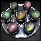 Seven Star Chakra Group Natural Colored Eye Obsidian Healing Quartz Crystal Sphere Ball Statue Figurine with Clear Glass Crystal Stand (Rainbow Obisdian)