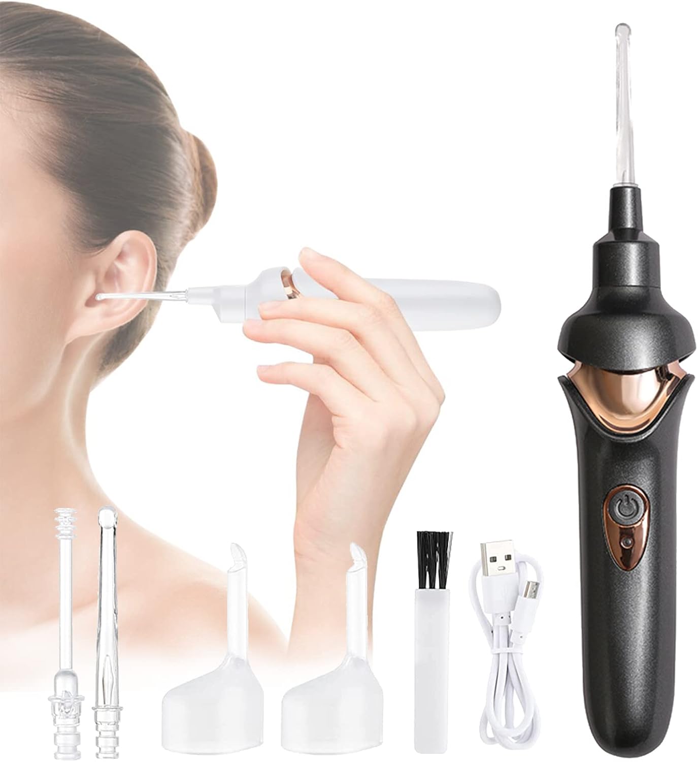 Safety Electric Cordless Vacuum Earwax Remover Ear Wax Removal Cleaner Painless Cleaning Tool Kit with LED Light Powerful Suction for Adults Kids,Black
