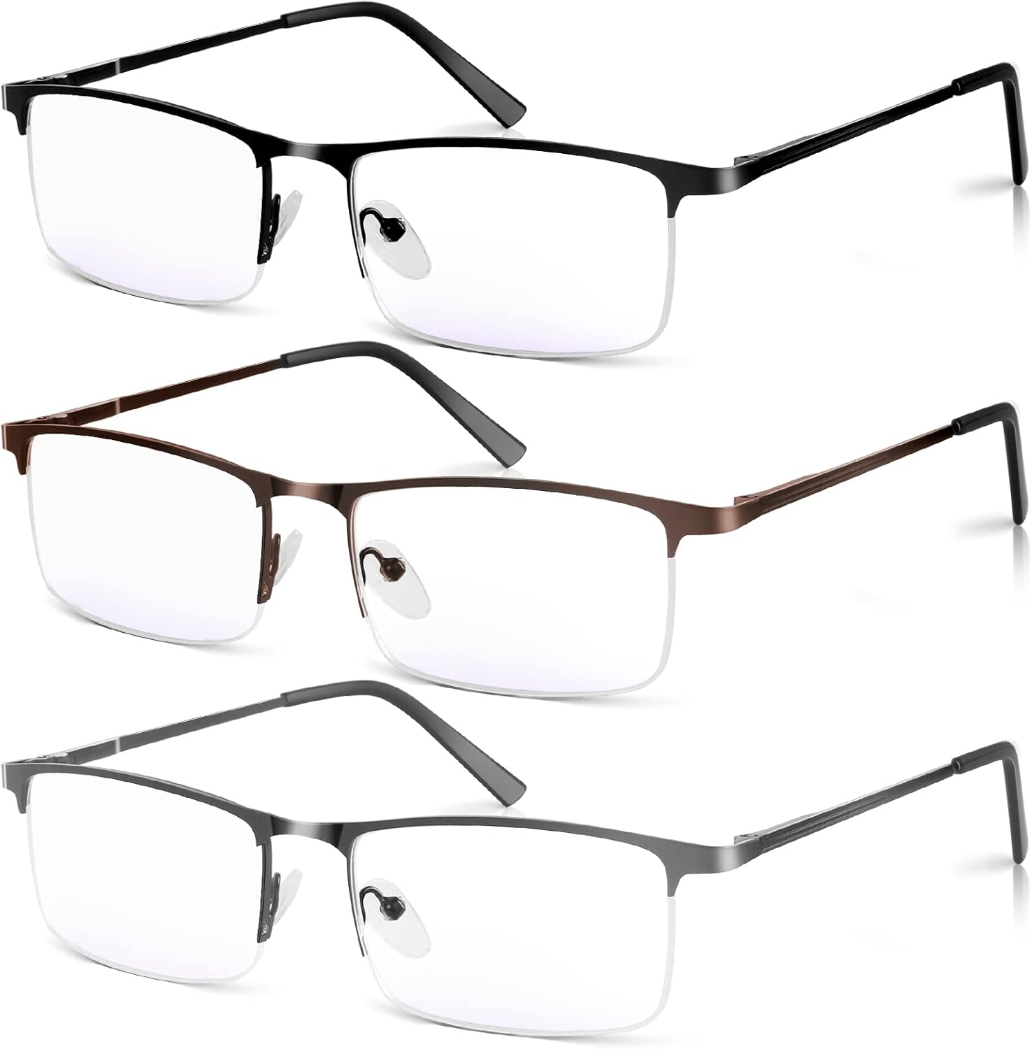 3 Pack Blue Light Blocking Reading Glasses for Men, Stylish Half Frame Metal Computer Readers, Lightweight Spring Hinge Eyeglasses Anti Eyestrain/Glare/UV (Mix Color, Black+Grey+Brown, 1.25)