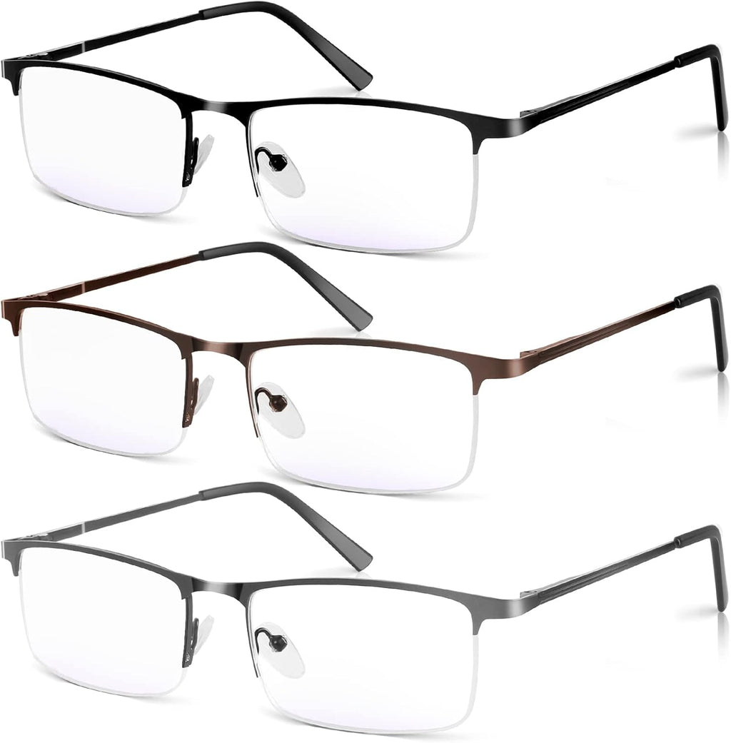 3 Pack Blue Light Blocking Reading Glasses for Men, Stylish Half Frame Metal Computer Readers, Lightweight Spring Hinge Eyeglasses Anti Eyestrain/Glare/UV (Mix Color, Black+Grey+Brown, 2.5)