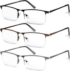 3 Pack Blue Light Blocking Reading Glasses for Men, Stylish Half Frame Metal Computer Readers, Lightweight Spring Hinge Eyeglasses Anti Eyestrain/Glare/UV (Mix Color, Black+Grey+Brown, 2.5)