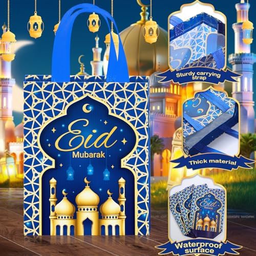 Eid Gift Bag with Handles Reusable Mubarak Treat Bag Non Woven Tote Bags for Ramadan Eid
