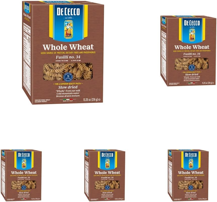 De Cecco Pasta Fusilli Whole Wheat Pasta, 13.25 oz (Pack of 5)