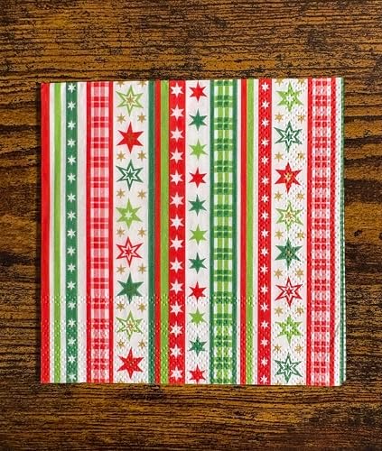 IHR Ideal Home Range Cocktail Napkins Disposable 3-Ply Paper Party Napkin Pack, 5" x 5", Stripes And Stars (Red/Green), 20-Count